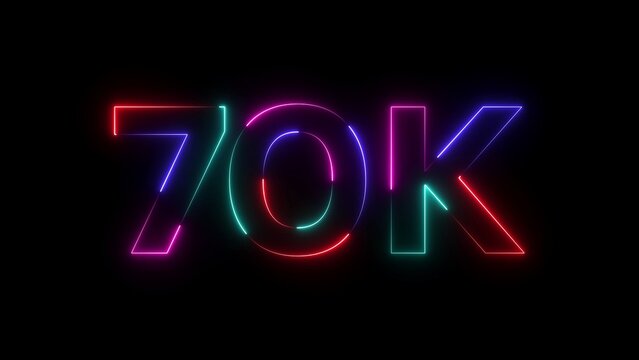 Neon 70k sign with colorful glowing letters on black background