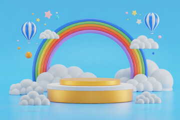 3d kids podium with sky clouds and rainbow, floating hot air balloons and twinkle stars. Cartoon vector background in cute childish toy style with round stage or pedestal under blue cloudy sky 