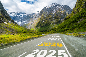 2026 New Year road trip travel and future vision concept . Nature landscape with highway road leading forward to happy new year celebration in the beginning of 2026 for glee and successful start .