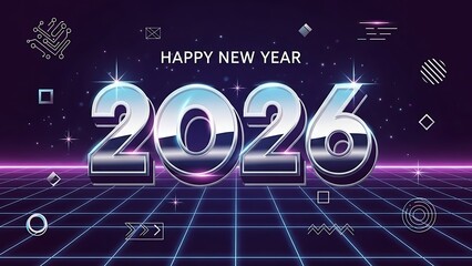 Retro-Futuristic 2026 New Year Liquid Chrome Card