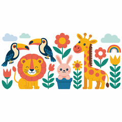 Obraz premium Colorful Jungle Animals with Flowers and Rainbow
