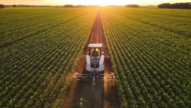 Precision Agriculture Smart Tractor Aerial View Working Field