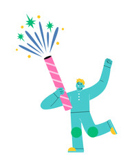 Man setting off firework. Colorful vector illustration