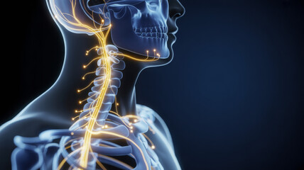 Transparent human neck and chest illustrating vagus nerve activation and acetylcholine release signaling for neuromodulation and autonomic regulation. 
