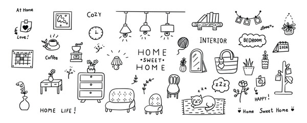 Hand drawn sweet home item element line doodle concept set. Illustration vector design.