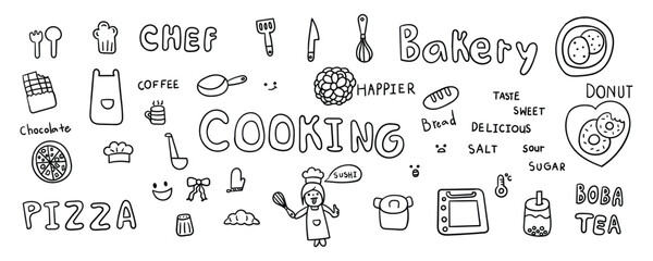 Set of hand drawn cooking element line doodle. Illustration vector design.