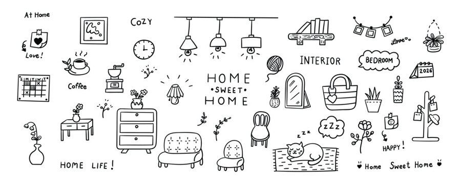 Hand drawn sweet home item element line doodle concept set. Illustration vector design.