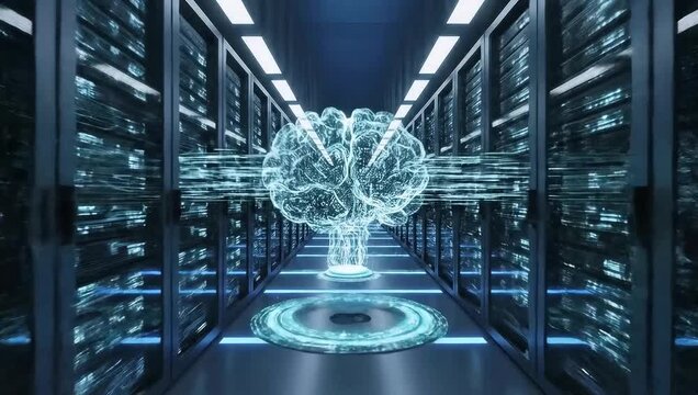 Futuristic Data Center Corridor Server Room With AI Digital Visuals