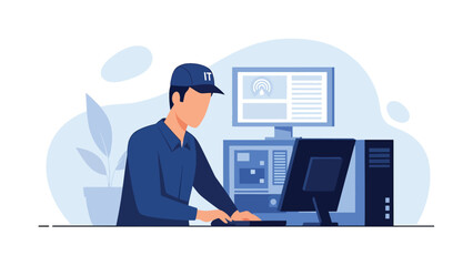 Modern vector illustration of IT support technician working on computer with server symbols, technology service industry, technical support, and digital solutions concept