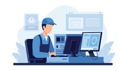 Modern vector illustration of IT support technician working on computer with server symbols, technology service industry, technical support, and digital solutions concept