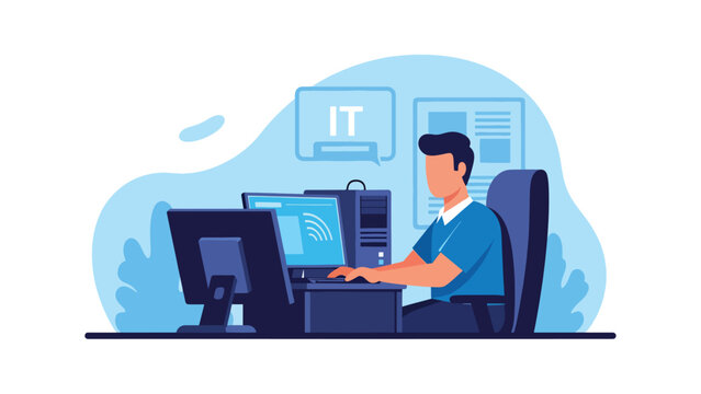 Modern vector illustration of IT support technician working on computer with server symbols, technology service industry, technical support, and digital solutions concept - Powered by Adobe