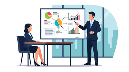 Fototapeta premium Modern vector illustration of business consultant presenting ideas to client in meeting room, professional consulting service industry and corporate strategy concept