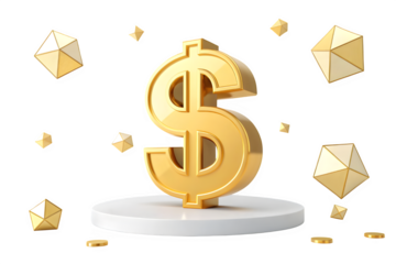 A golden dollar sign on a white podium surrounded by floating geometric shapes isolated on transparent background