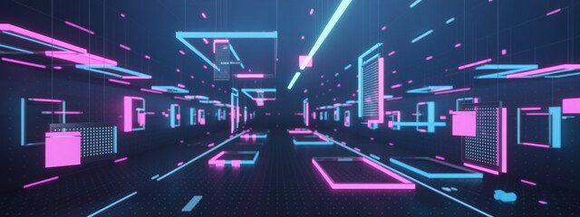 AI quantum tunnel background with data 3D abstract dots for digital tech. Grid code squares and blue portal perspective with a matrix neon aesthetic.  
