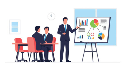 Fototapeta premium Modern vector illustration of business consultant presenting ideas to client in meeting room, professional consulting service industry and corporate strategy concept
