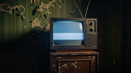 Old Analog Television Showing Static Amidst a Grungy, Abandoned Room's Decay