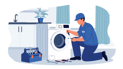Modern vector illustration of repair technician fixing appliance in customer home, maintenance service industry and technical home service concept