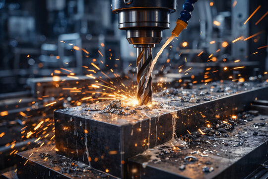 Industrial metalworking machine with cutting fluid and sparks during processing