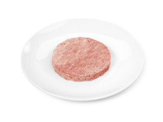 American Wagyu Beef Burger Patty, 75/20 blend, Frozen Raw Patty with Rich Texture on White Plate