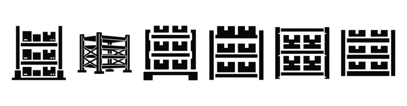Set of warehouse inventory racks vector icons isolated on white background. Vector illustration. Black flat design
