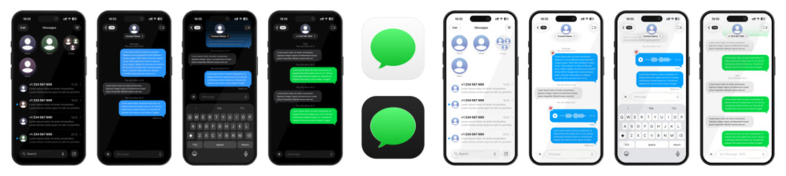iMessage UI mockup screen 2026 update Dark and light mode with app icon logo liquird glass iOS 26 shown on iPhone 17 Pro transparent background