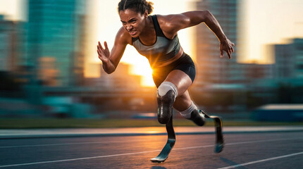 Powerful female athlete with prosthetic legs sprinting on city track at sunset showing determination and speed