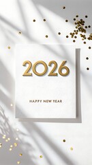Happy New Year 2026 modern minimal design, clean white background, bold metallic gold numbers "2026", subtle confetti, soft shadows, elegant spacing, luxury brand style, high resolution, professional 