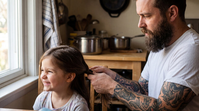 Loving father with tattoos braiding his young daughter's long hair by the kitchen window at home