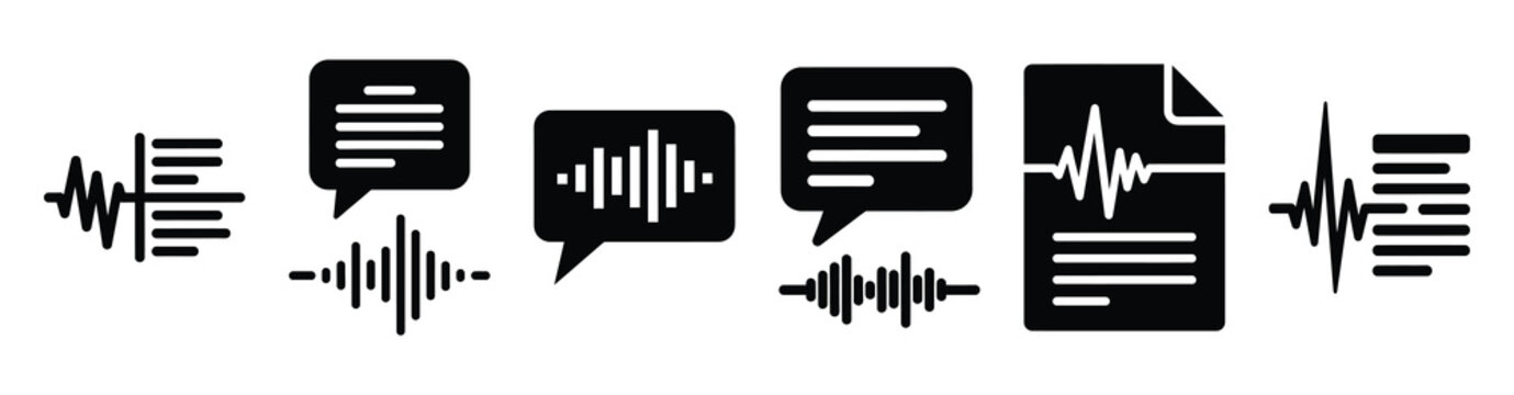 Set of audio transcript text vector icons isolated on white background. Vector illustration. Black flat design
