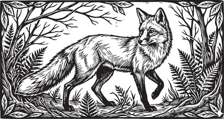 Elegant fox design presented in a striking woodcut style silhouette © Sujon