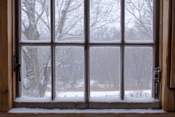 Naklejka premium Snowy winter view through a frosted multi-pane wooden window.