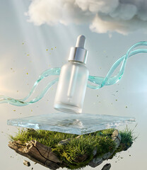 Premium Skincare Serum Bottle on Floating Moss Island with Water Flow