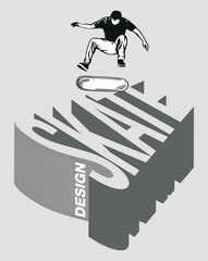 Artwork depicting a skateboarder jumping over the word "skate." Graphic style artwork.