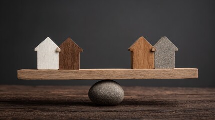 Balanced Composition of House Models on a Wooden Swing Set Over a Stone Base Illustrating Real Estate Ownership Rights Concept