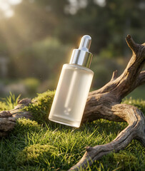 Luxury Skincare Serum Bottle Floating Above Forest Ground with Tree Roots