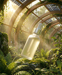 Premium Skincare Bottle in Lush Greenhouse with Golden Sunlight
