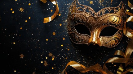 Golden masquerade mask with glitter and confetti on black background