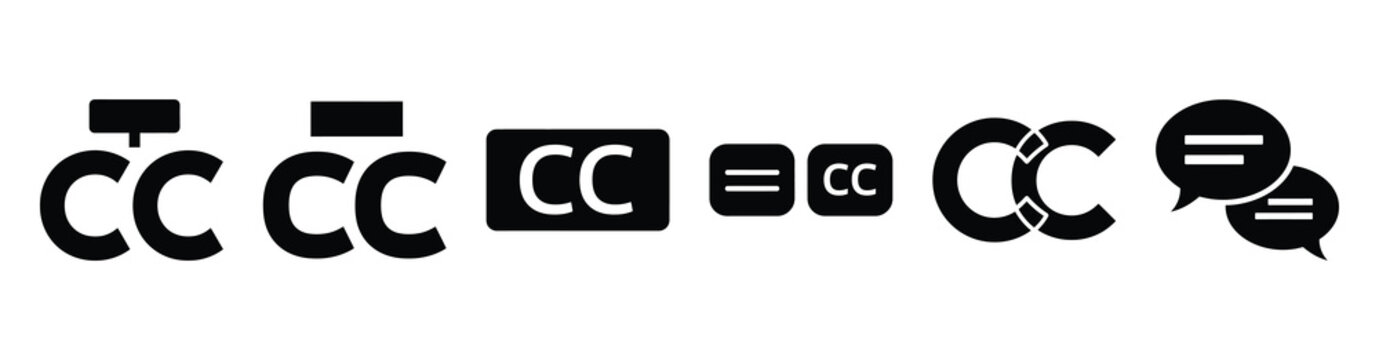 Set of closed captions cc vector icons isolated on white background. Vector illustration. Black flat design