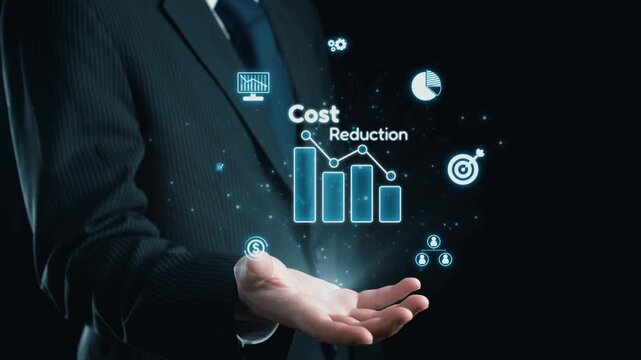 A confident business professional showcases digital icons and graphs representing cost reduction in a dark setting, emphasizing finance and strategic development. Qubit