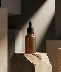 Minimalist Skincare Bottle Mockup on Stone Platform with Dramatic Light
