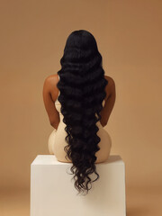 Elegant Black Woman with Extra Long Deep Wave Hair Back Pose &ndash; Nude Bodysuit Studio Photography, Glamorous Hair Model Stock Image