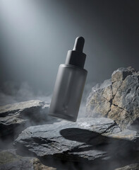 Dark Luxury Skincare Serum Bottle on Rock Surface with Moody Lighting