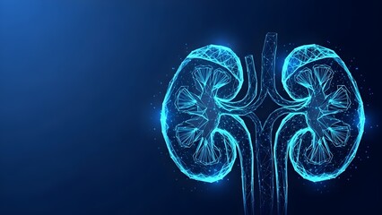 Abstract glowing blue digital polygon representation of a human kidney organ symbolizing advanced nephrology technology and medical science diagnostics against a dark background