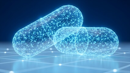 Abstract visualization of two glowing blue digital network capsules symbolizing futuristic pharmaceutical research drug discovery and advanced medical technology concepts