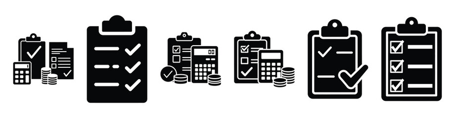 Obraz premium Set of financial reconciliation checklist vector icons isolated on white background. Vector illustration. Black flat design