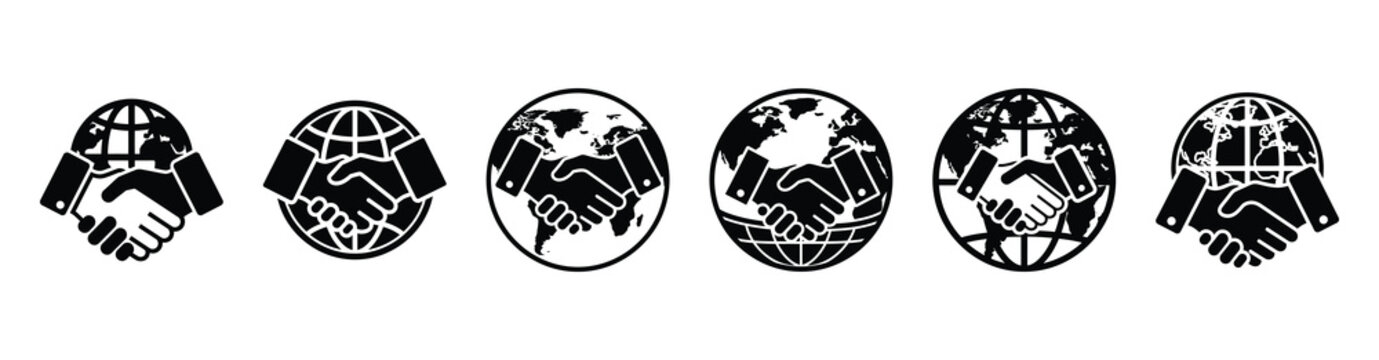 Set of diplomatic handshake globe vector icons isolated on white background. Vector illustration. Black flat design