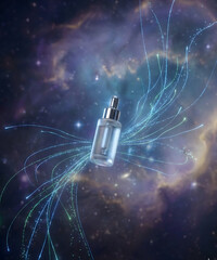 Cosmic Biotech Skincare Serum Bottle with Abstract Energy Lines