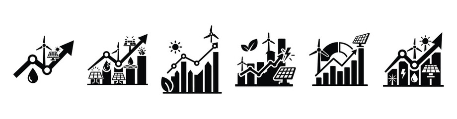 Set of renewable portfolio chart vector icons isolated on white background. Vector illustration. Black flat design
