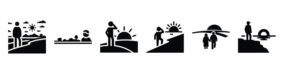 Set of retirement planning horizon vector icons isolated on white background. Vector illustration. Black flat design