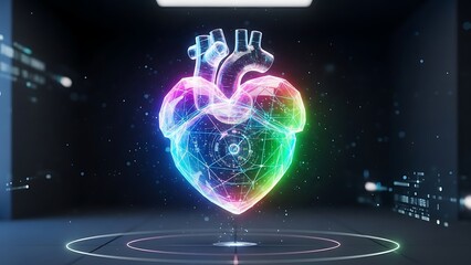 Neon glowing anatomical heart in high tech room